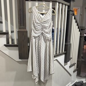 Maggy London Asymmetrical Dress in Cream and Gray Stripes